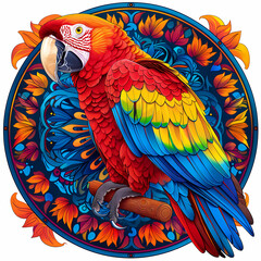 very bright and colorful mandala,very detailed high quality,object in center,Scarlet Macaw whole body
