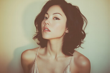 Professional Headshot of a Confident and Successful Asian Businesswoman in Elegant Attire with Neutral Background, Perfect for Corporate Profile, Business Use, Marketing, and Branding Purposes