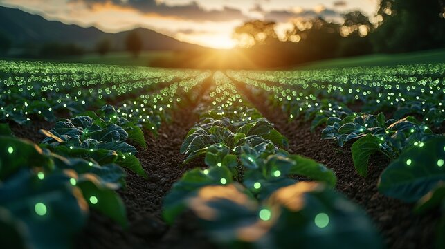 A farm field covered in sensors transmitting real-time data to an AI system, which adjusts farming techniques accordingly