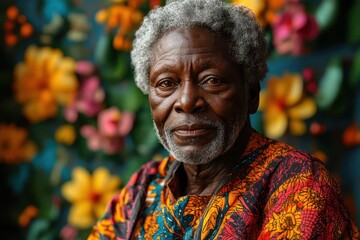 Obraz premium aigenerated portrait of wise african elder weathered face full of character vibrant traditional attire lush floral background dignity and heritage