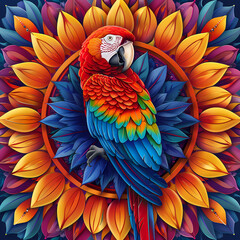 Obraz premium very bright and colorful mandala,very detailed high quality,object in center,Scarlet Macaw whole body