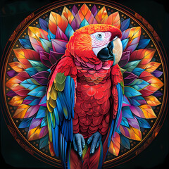 very bright and colorful mandala,very detailed high quality,object in center,Scarlet Macaw whole body