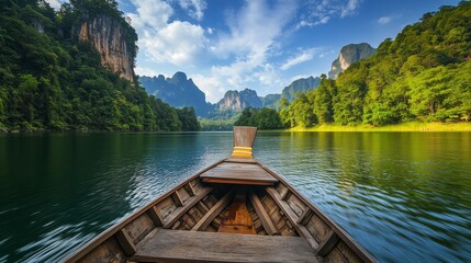 A wooden boat is sailing on the emerald green lake, surrounded by lush, forested mountains.