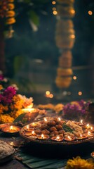 An intricately decorated thali with sweets, placed in front of a well-lit prayer altar with glowing diyas and fresh flowers. Copy space, Indian traditional festival happy Diwali background.