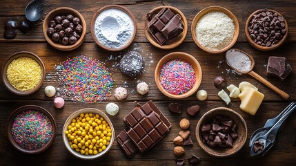 Fototapeta premium Delicious assortment of baking ingredients, including chocolate, sprinkles, and various candies arranged beautifully on a wooden table.