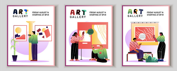 Art gallery posters set. Men and women looking at paintings with abstract figures. Museum and gallery visitors. Cultural recreation and leisure. Flat vector illustration