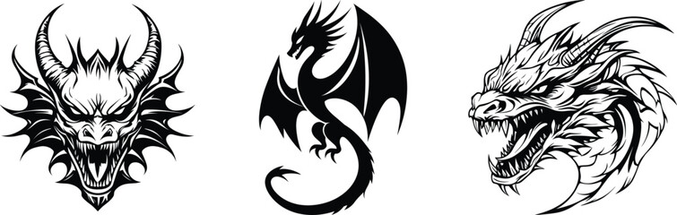 Set of dragon, logo and tattoo design, vector illustration.