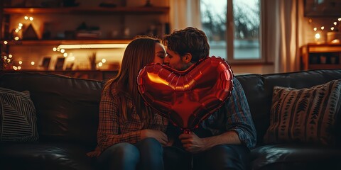 Obraz premium A young couple in love holds a heart-shaped balloon and covers themselves with it during a kiss