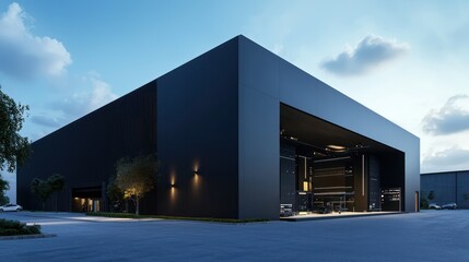 Obraz premium A high-tech film production studio with a matte black exterior, featuring advanced sound stages and editing suites, located in a major media hub