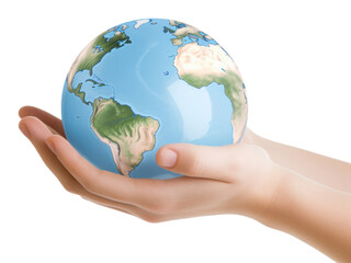 Hands hold globe planet space white background.