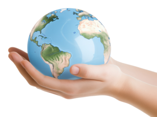 Hands hold globe planet space white background.