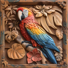 Fototapeta premium Wood carving 3D image of Scarlet Macaw in frame with depth map
