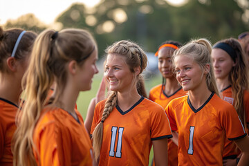 Female soccer players enjoying team interaction. Generative AI image