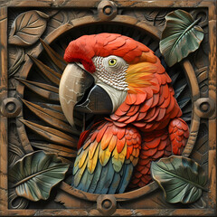Fototapeta premium Wood carving 3D image of Scarlet Macaw in frame with depth map