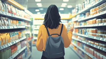 A shopper browses through a brightly lit supermarket aisle filled with various products, showcasing modern grocery shopping.