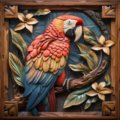 Fototapeta premium Wood carving 3D image of Scarlet Macaw in frame with depth map
