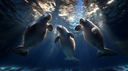 Naklejka premium An image showing three underwater sea creatures in a serene aquatic scene, with light filtering through the water, creating a tranquil environment.