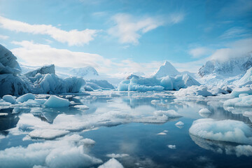 Fototapeta premium Serene Antarctic glacier landscape with clear reflections. Generative AI image