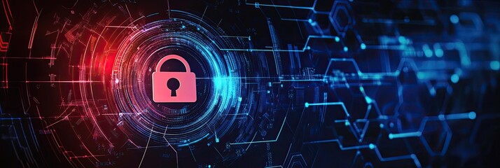 Obraz premium Cybersecurity Represented by Data Digital Wall with Lock Symbol in Pink - Secure Networks Wide Banner Background