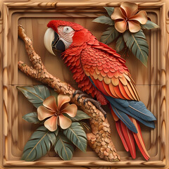 Wood carving 3D image of Scarlet Macaw in frame with depth map