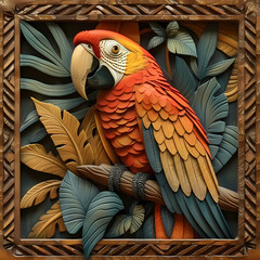Fototapeta premium Wood carving 3D image of Scarlet Macaw in frame with depth map