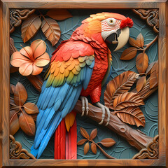 Fototapeta premium Wood carving 3D image of Scarlet Macaw in frame with depth map