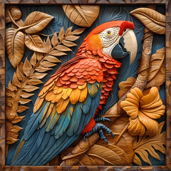 Wood carving 3D image of Scarlet Macaw in frame with depth map