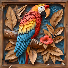 Obraz premium Wood carving 3D image of Scarlet Macaw in frame with depth map