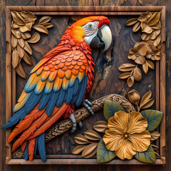 Fototapeta premium Wood carving 3D image of Scarlet Macaw in frame with depth map