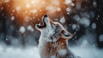 A majestic wolf is seen howling amidst a snowstorm, with glowing flakes and a warm light in the...