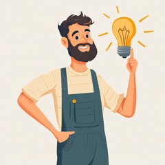 Cartoon repairman smiling with an idea light bulb over a blue background