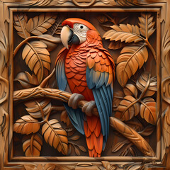 Fototapeta premium Wood carving 3D image of Scarlet Macaw in frame with depth map