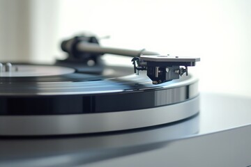 This image showcases a close-up view of a vinyl record spinning on a modern turntable, focusing on the details of the record grooves and the needle arm, symbolizing vintage music playback.