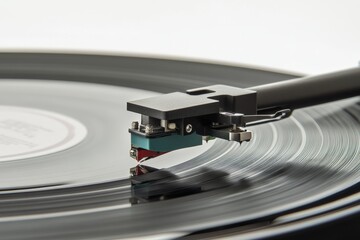 A close-up image focusing on the turntable stylus as it delicately traces the grooves of a rotating vinyl record, embodying the tactile nature of analog audio experiences.