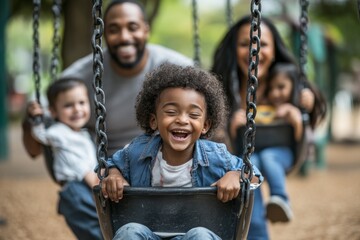 A smiling child sitting on a swing in the foreground, with blurred parents and siblings behind, capturing a fun family moment at a playground park on a sunny day. - Powered by Adobe