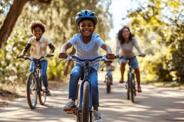 Fototapeta premium A joyful child leads the way on a bike, followed by siblings and their mother, all smiling and enjoying a sunny day cycling together through a scenic park pathway.