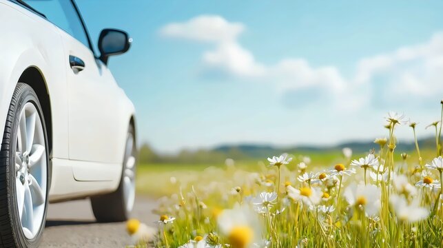 Spring Break Adventure Scenic Landscapes with Blooming Flowers and a Convertible Car on an Open Road Trip - Embrace the Warm Breeze and Explore Natures Beauty