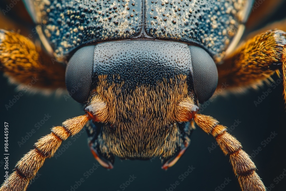 Poster a detailed macro shot showcasing the head of a beetle with its antennae prominently visible, highlig