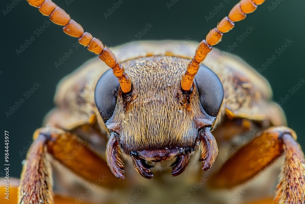 Poster a powerful macro photograph capturing the facial features of a beetle, illustrating its eyes and ant