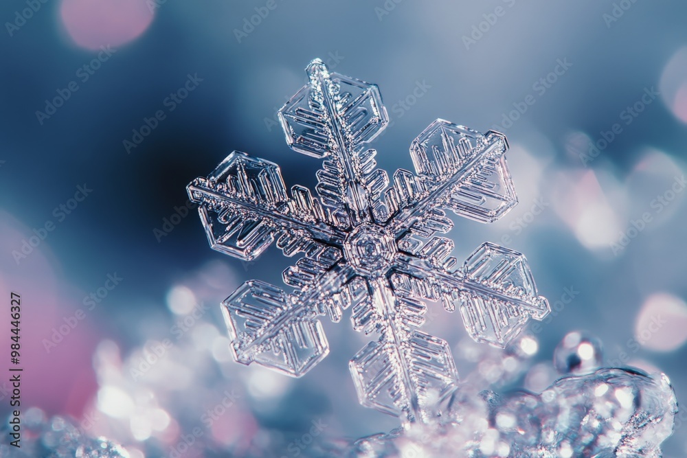 Poster detailed image of a single snowflake showcasing its perfect, symmetrical structure and delicate, tra