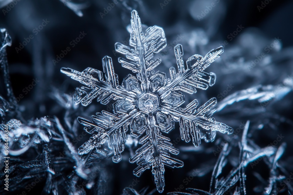 Poster Highly detailed image of a single snowflake in sharp focus, highlighting its intricate structure and stunning natural complexity, perfect for winter-themed stock photos.