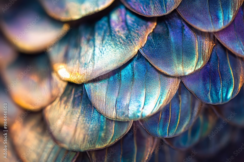 Poster A close-up image showing the vivid and colorful iridescent scales with a textured pattern, emphasizing the beauty, intricacy, and abstract design found in nature.