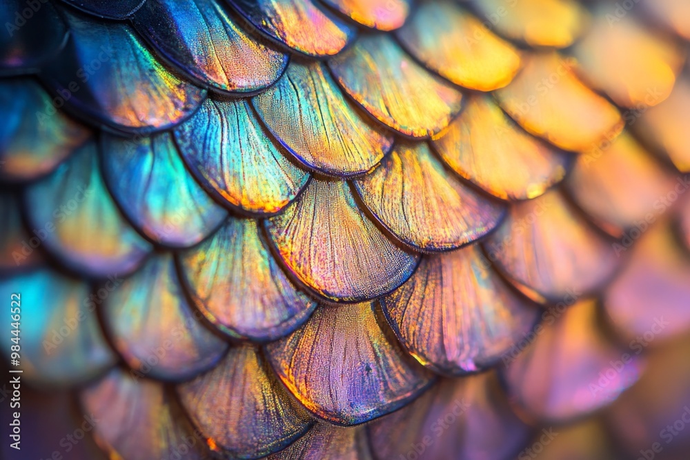 Poster a macro photo showcasing the brightly colored iridescent scales with intricate texturing, highlighti