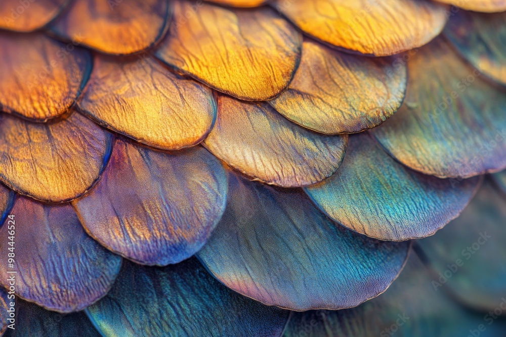 Poster a close-up image of golden iridescent scales, catching the light and shimmering with a rainbow of co