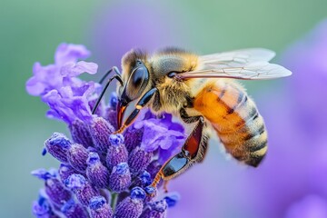 Close-up photograph of a bee gathering nectar from a vibrant purple flower, illustrating the crucial role of bees in pollination and the intricate relationship between insects and plants.