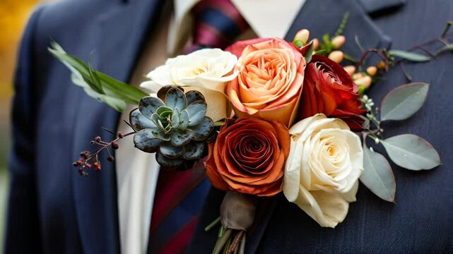 Groom's elegant bout at a beautiful outdoor wedding during sunset celebration