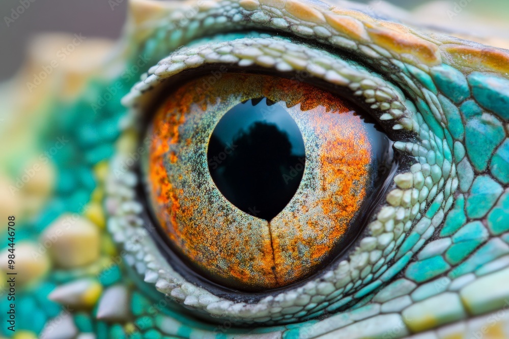 Poster a mesmerizing extreme close-up that captures the vivid colors and intricate texture of a lizard's ey