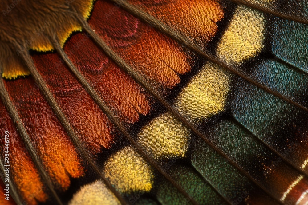 Poster An exquisite macro photograph capturing the vibrant patterns, intricate details, and textures of a butterfly wing, highlighting the delicate beauty of nature.