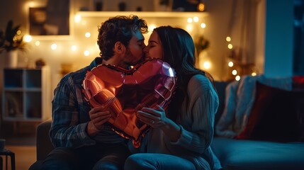 A young couple in love holds a heart-shaped balloon and covers themselves with it during a kiss