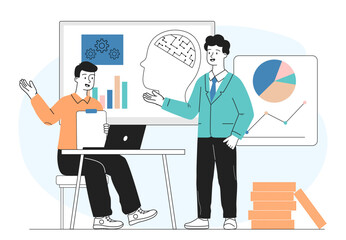Brainstorm in office. Men with graphs and charts. Colleagues and partners discuss problem and look for solution. Collaboration and cooperation. Linear vector illustration